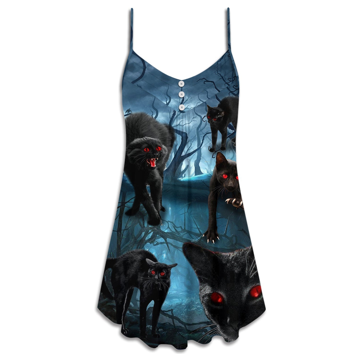 Halloween Black Cat Dark Style V-Neck Sleeveless Cami Dress For Festivals Travel And Relaxed Casual Summer Wear