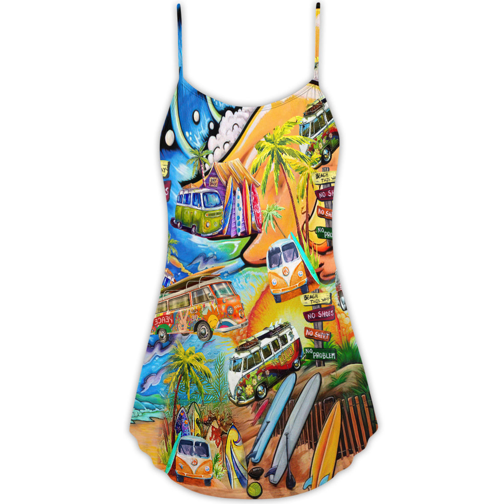 Hippie Bus Beach V-Neck Sleeveless Cami Dress For Beach Days Festivals And Comfortable Bohemian Outfits