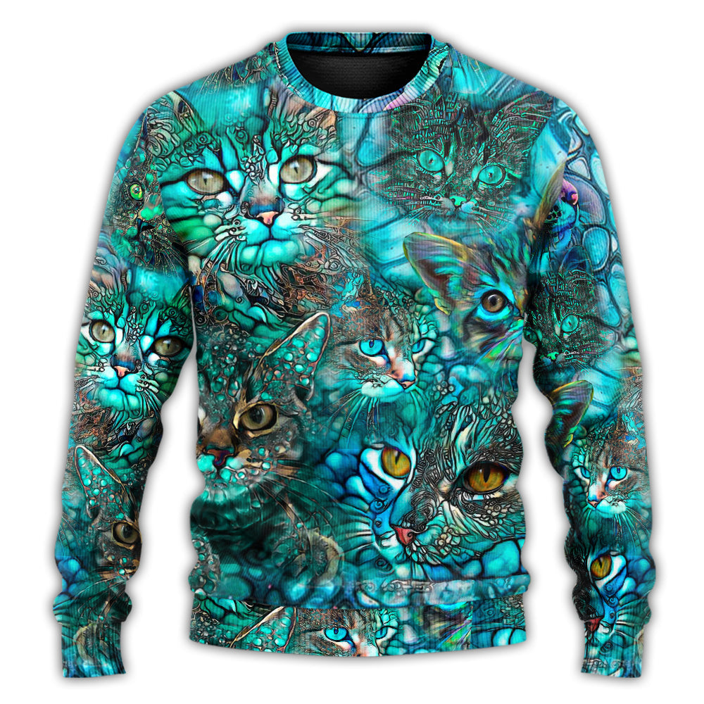 Blue Colorful Cat Sweater For Animal Lovers Casual Wear Holidays And Thoughtful Gifting