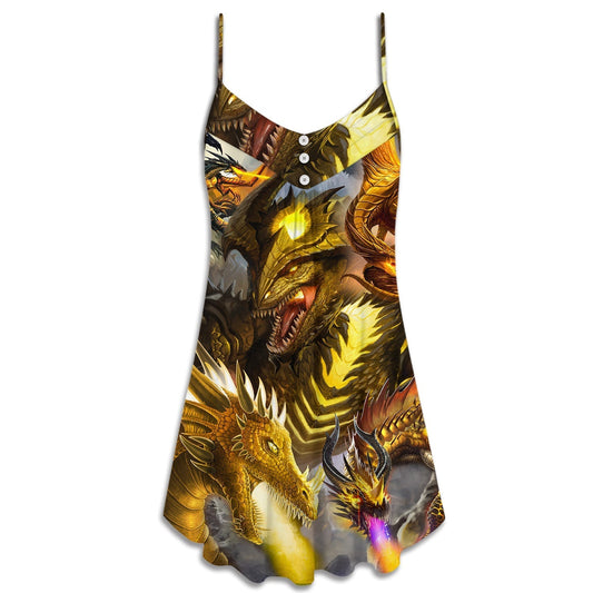 Gold Dragon Skull Battle – Women's Summer Sleeveless V-Neck Camisole Dress