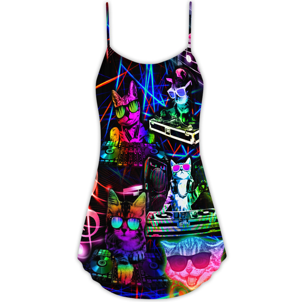 Cool DJ Cat Life V-Neck Sleeveless Cami Dress For Festival Weekends Parties And Artistic Everyday Outfits