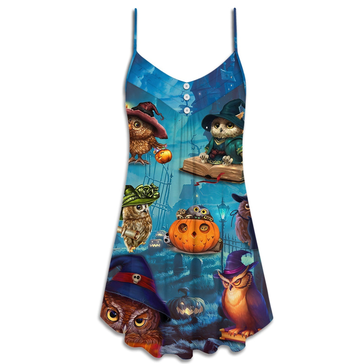 Halloween Owl Witch Night Sky V-Neck Sleeveless Cami Dress For Vacations And Casual Warm Weather Wear