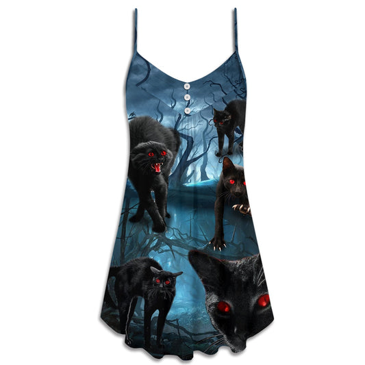 Halloween Black Cat Scary Style – Women's Summer Sleeveless V-Neck Camisole Dress