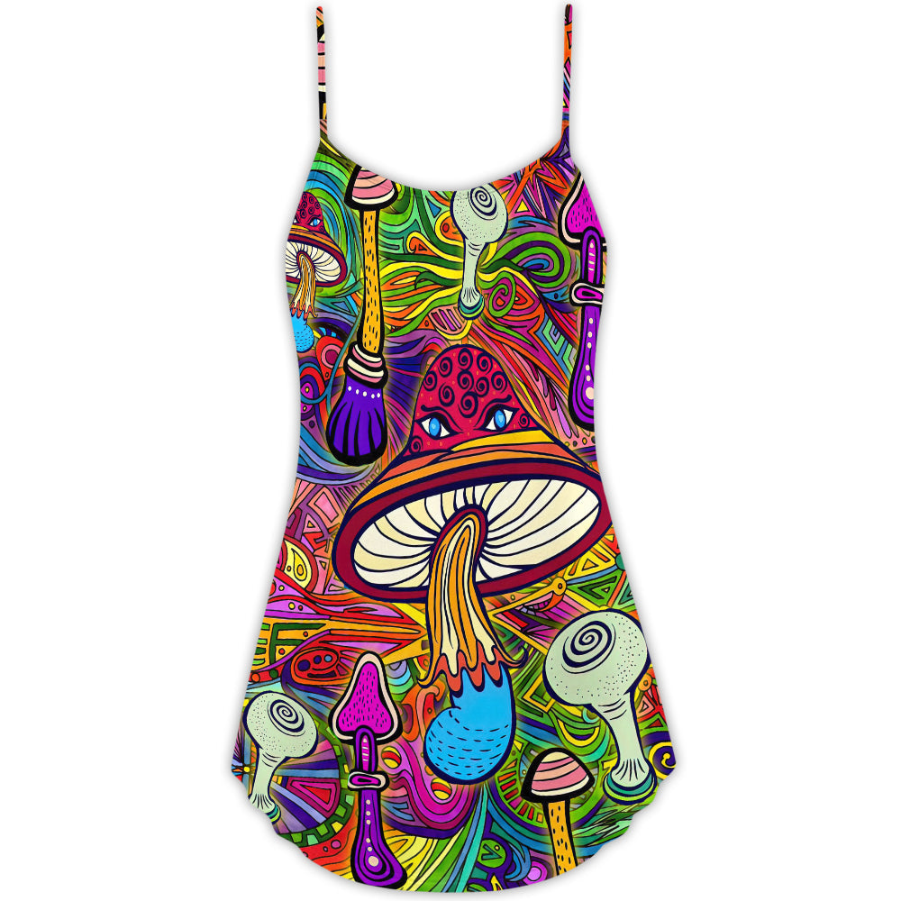 Hippie Mushroom Hypnotic Art V-Neck Sleeveless Cami Dress For Festivals Vacations And Relaxed Artistic Styling