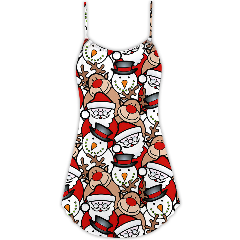 Christmas Cute Santa And Reindeer V-Neck Sleeveless Cami Dress For Festive Events And Casual Summer Styling