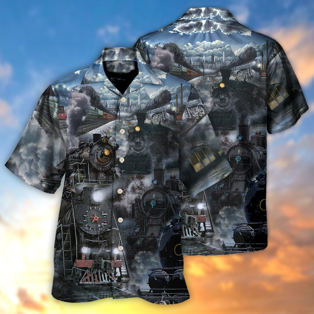 Train Emerging Cloud Steam Middle Hawaiian Shirt Tropical Styling View For Outdoor Gatherings