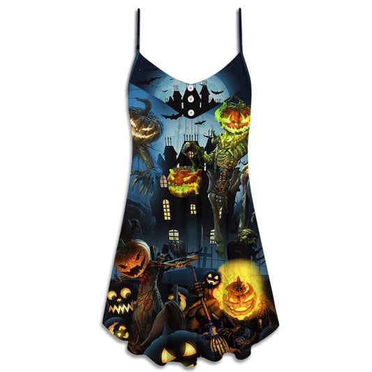Halloween Pumpkin Scary Sky Night V-Neck Sleeveless Cami Dress For Summer Events And Comfortable Everyday Style