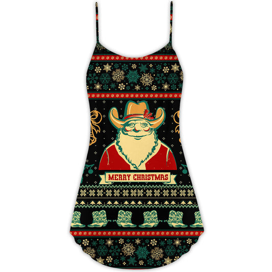 Santa Cowboy Christmas Elder Style V-Neck Sleeveless Cami Dress For Festive Events And Casual Summer Styling