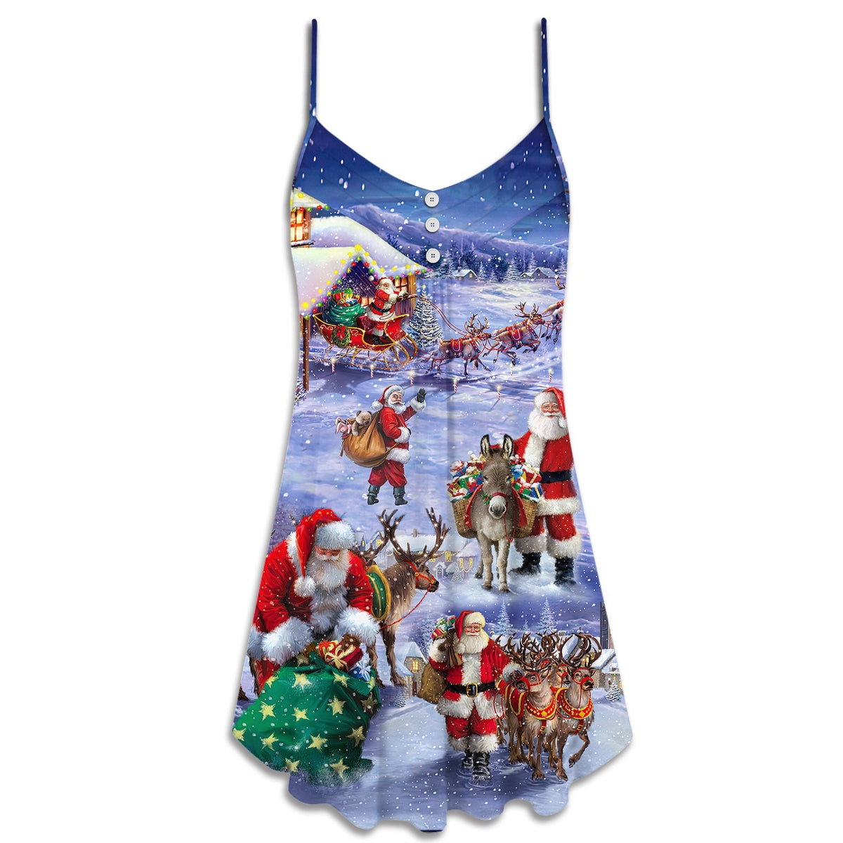 Santa Night Gift Painting V-Neck Sleeveless Cami Dress For Vacations Parties And Expressive Warm Weather Styling