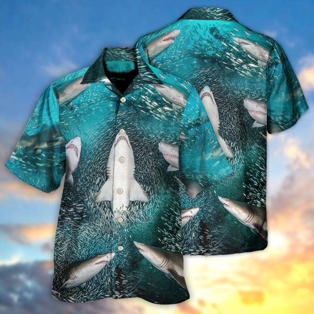 Shark's Buffet Thousands Sardines Hawaiian Shirt Artwork Detail For Tropical Trips And Casual Outings