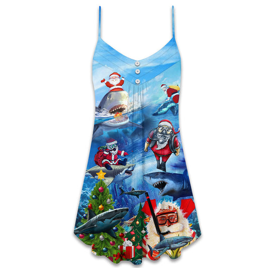 Shark Love Santa Merry Christmas V-Neck Sleeveless Cami Dress For Vacations And Casual Warm Weather Wear