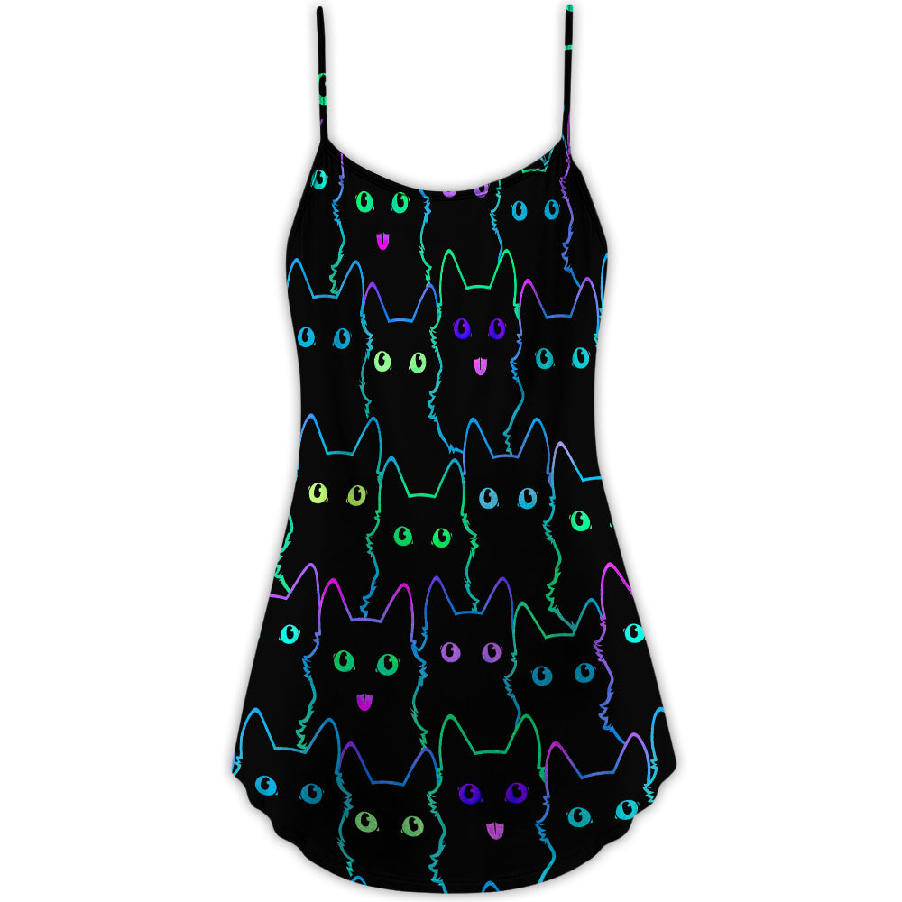 Cute Kitten Neon Art V-Neck Sleeveless Cami Dress For Playful Summer Getaways And Thoughtful Gift Giving