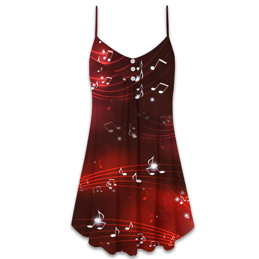 Music Notes Blurry Lights Dark Red – Women's Summer Sleeveless V-Neck Camisole Dress