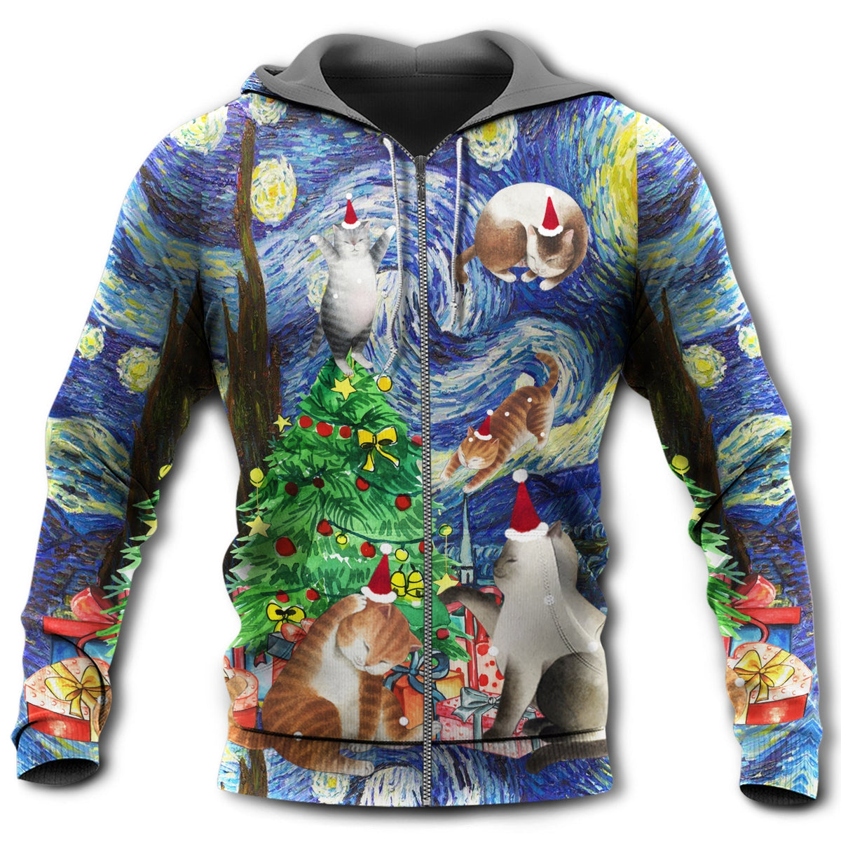 Christmas Cat Playing Starry Night Hoodie For Seasonal Parties Casual Wear And Thoughtful Holiday Gifts