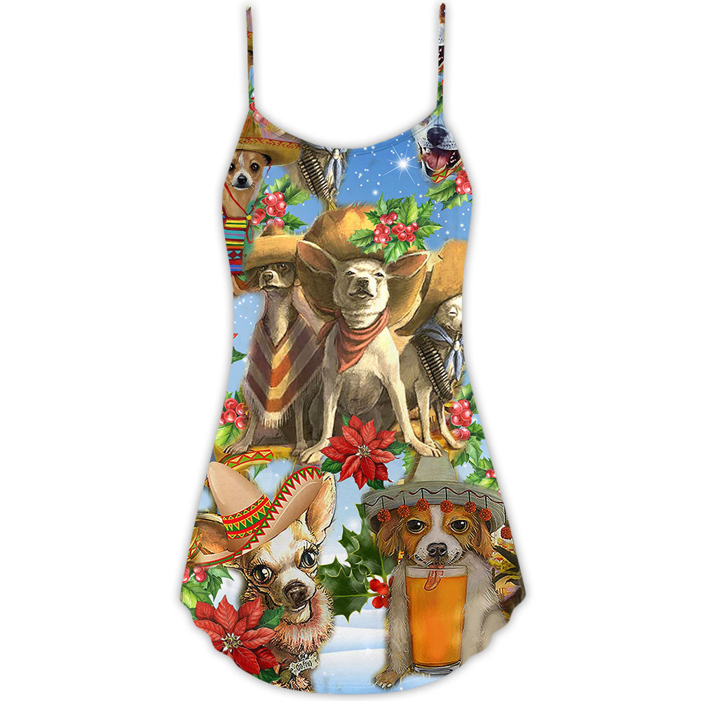 Chihuahua Dog Lover Christmas V-Neck Sleeveless Cami Dress For Vacations And Casual Warm Weather Wear