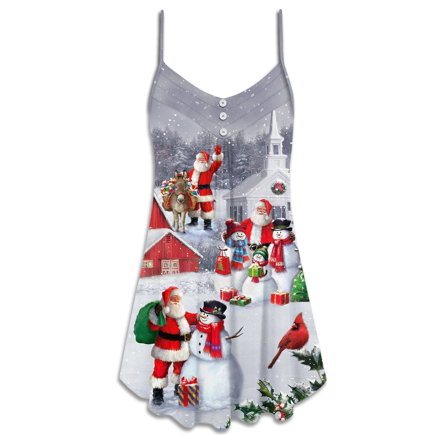 Santa Snowman Town Scene V-Neck Sleeveless Cami Dress For Festive Gatherings Travel And Casual Holiday Styling