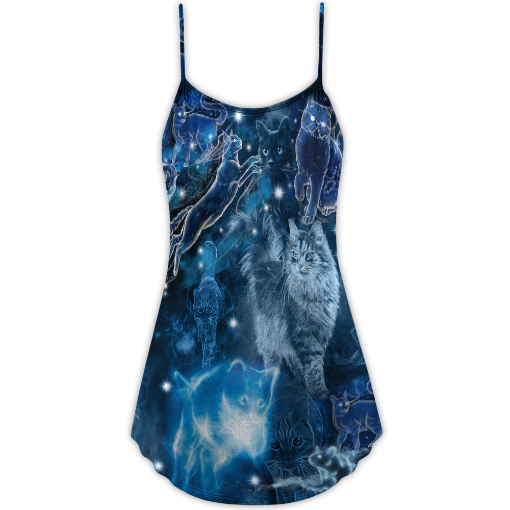Blue Neon Cat Love V-Neck Sleeveless Cami Dress For Animal Lovers Beach Trips And Relaxed Everyday Wear