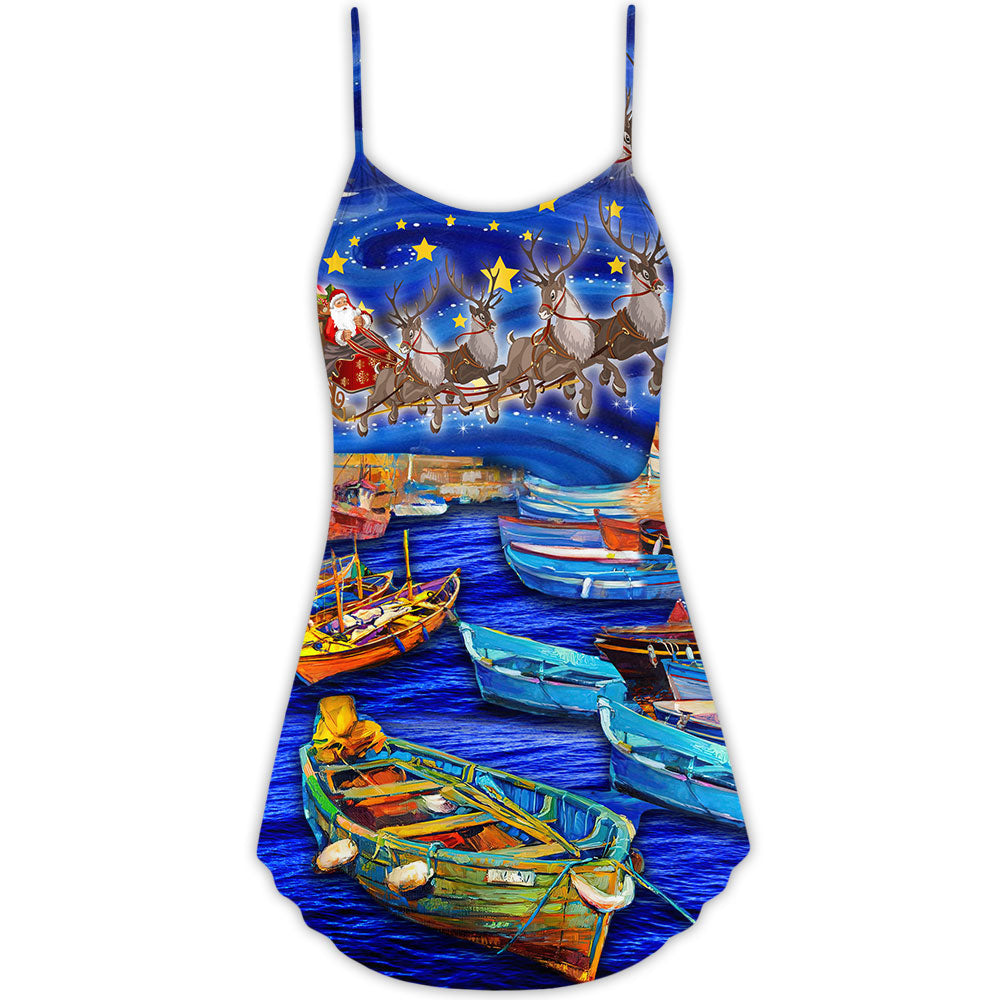 Boat Santa Merry Christmas Snow V-Neck Sleeveless Cami Dress For Festivals Travel And Relaxed Casual Summer Wear
