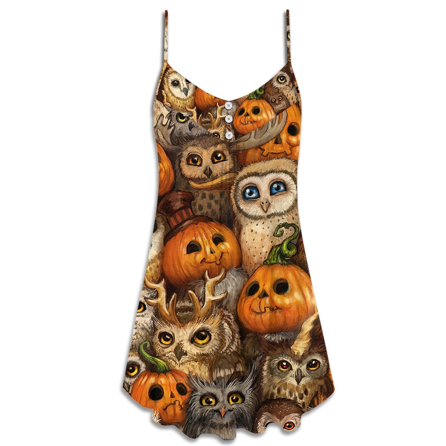 Halloween Owl Pumpkin Pattern V-Neck Sleeveless Cami Dress For Festivals Travel And Relaxed Casual Summer Wear