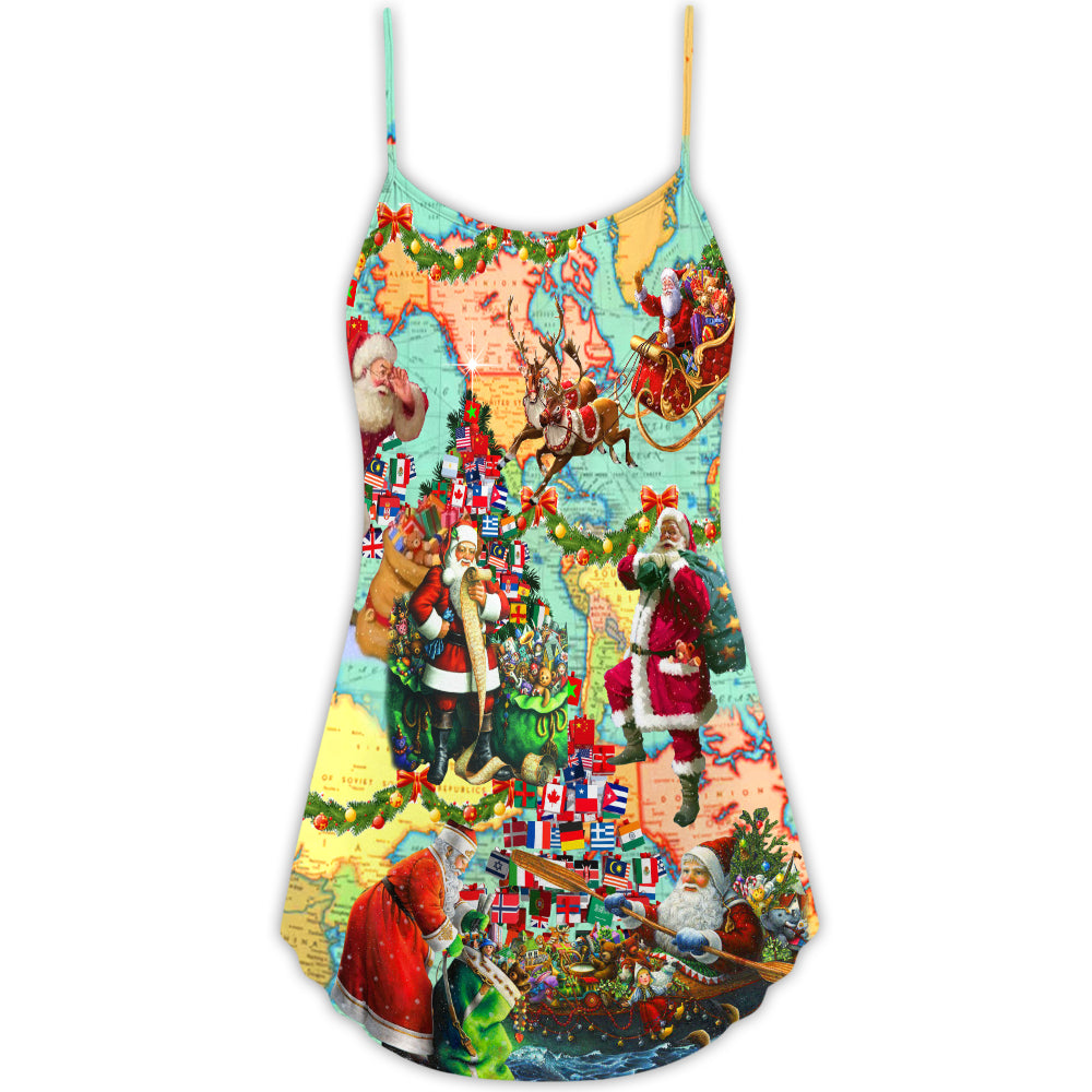 Christmas Santa Love World Map V-Neck Sleeveless Cami Dress For Festive Events And Casual Summer Styling