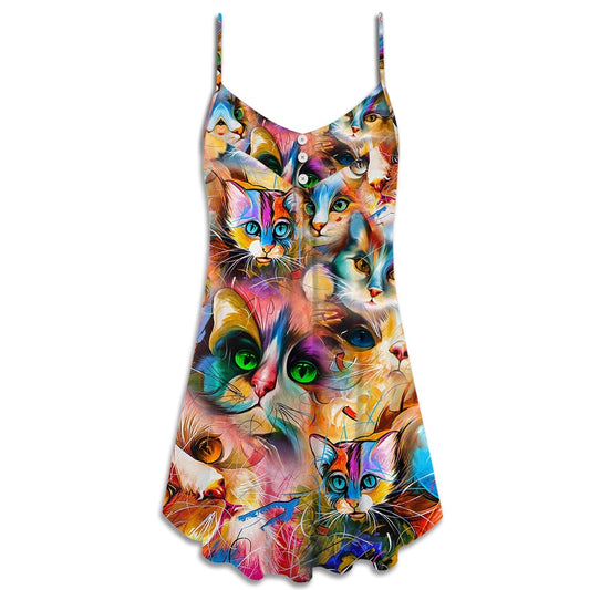 Colorful Cat Art Mixer – Women's Summer Sleeveless V-Neck Camisole Dress