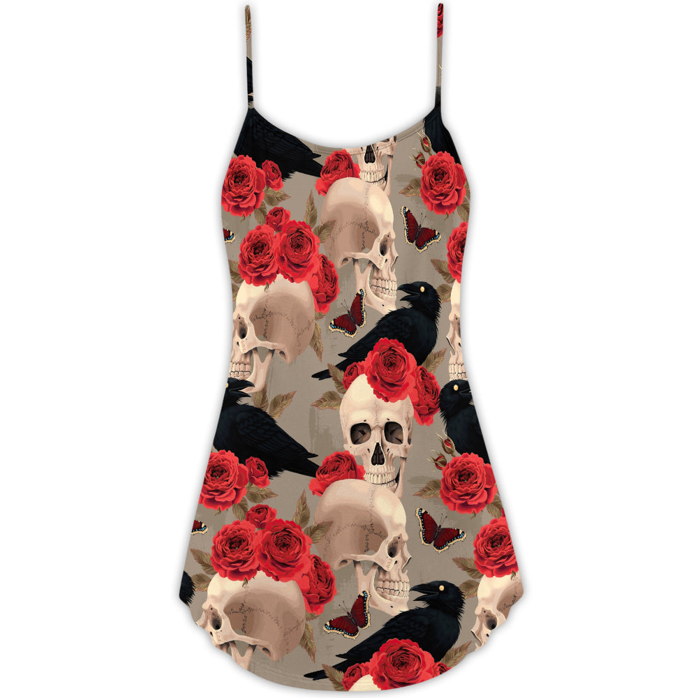 Gothic Skull Rose Raven V-Neck Sleeveless Cami Dress For Bold Summer Events Vacations And Artistic Casual Style