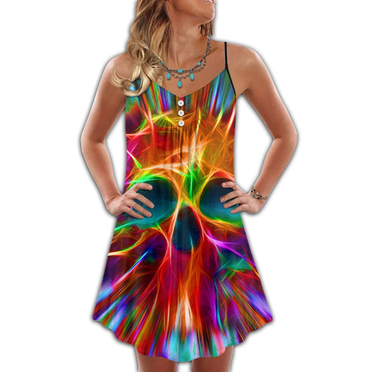 Skull Rainbow Color Love V-Neck Sleeveless Cami Dress For Travel And Expressive Warm Weather Fashion