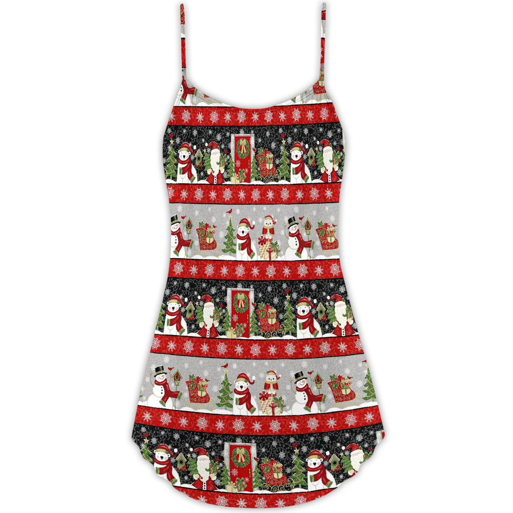 Santa And Snowman Joy V-Neck Sleeveless Cami Dress For Beach Trips Parties And Relaxed Warm Weather Style