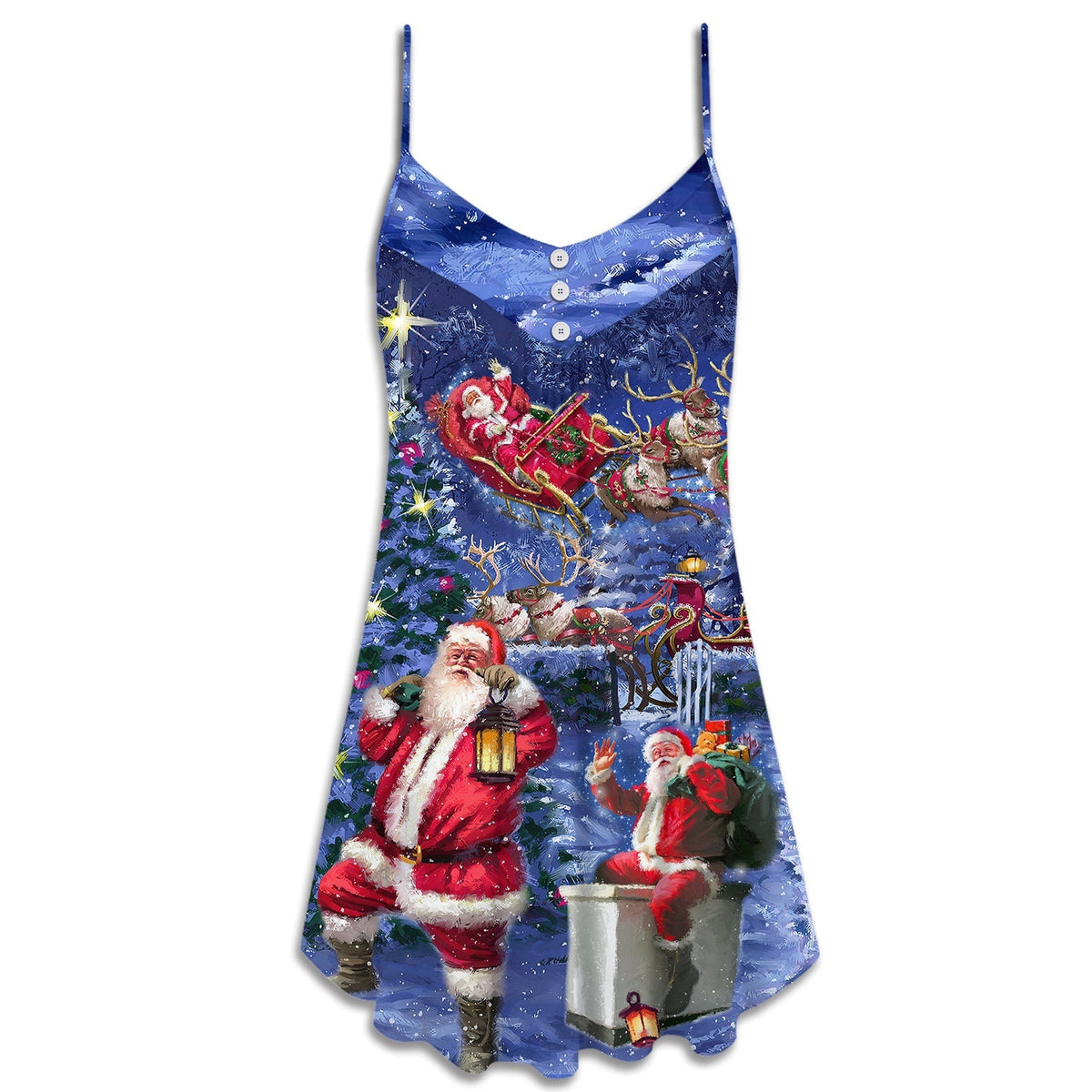Santa Cozy Light Art V-Neck Sleeveless Cami Dress For Holiday Celebrations Vacations And Cheerful Casual Wear