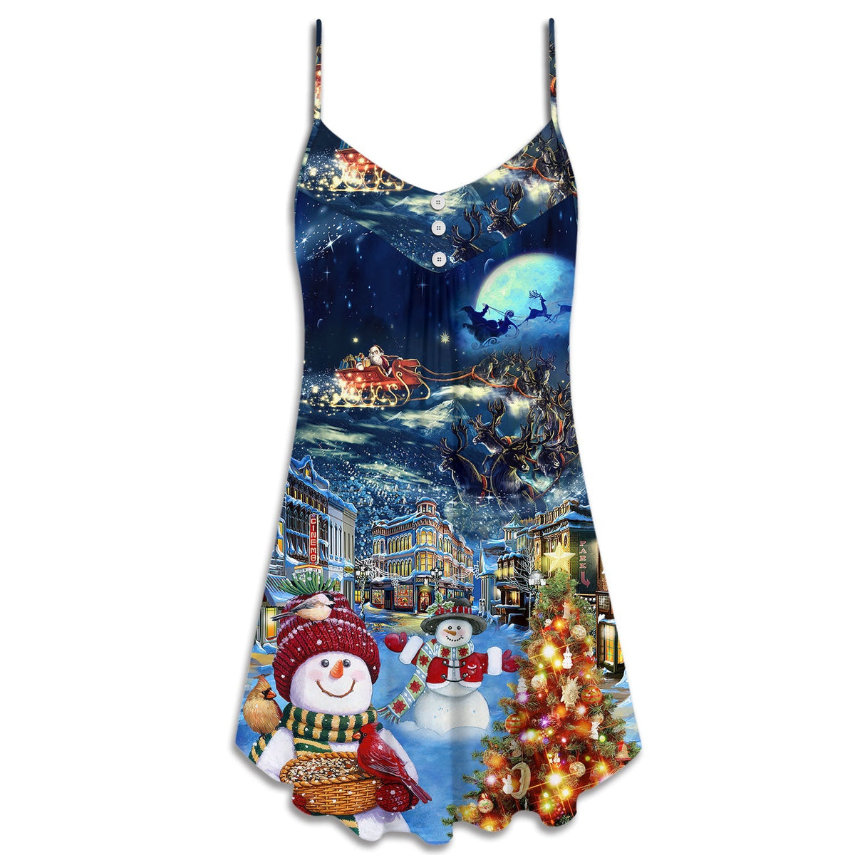 Christmas Snowman Santa Family V-Neck Sleeveless Cami Dress For Festive Events And Casual Summer Styling