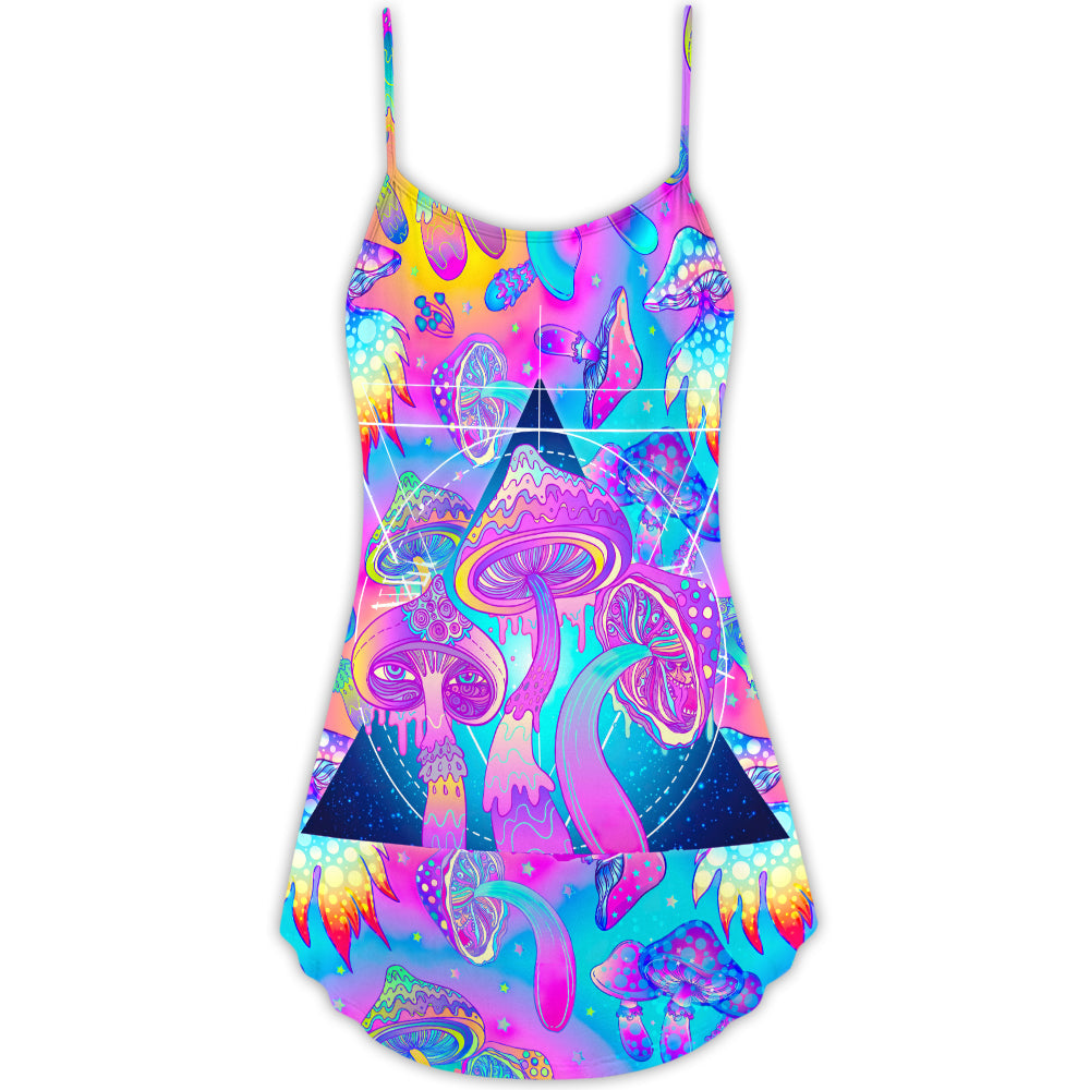 Hippie Psychedelic Mushroom Magical Eye V-Neck Sleeveless Cami Dress For Vacations And Casual Warm Weather Wear