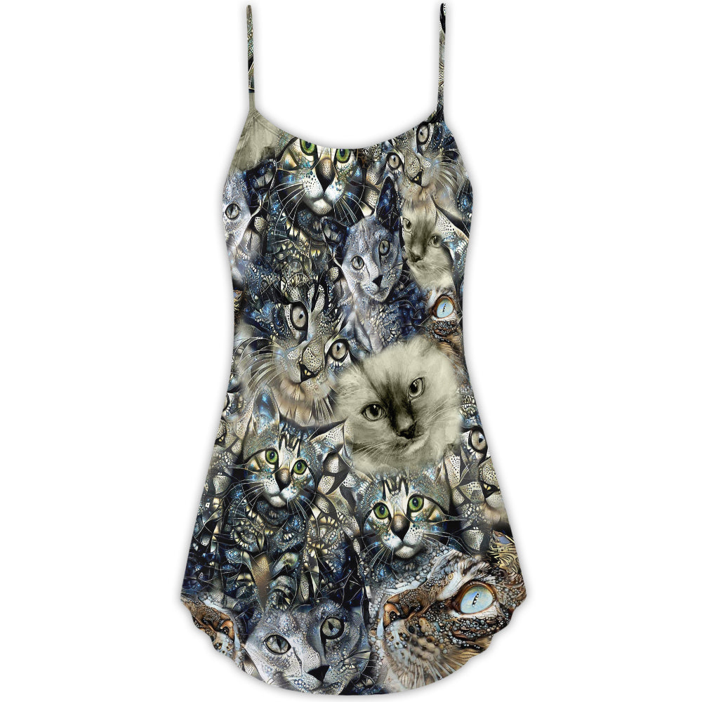 Vintage Cat Floral Neutral V-Neck Sleeveless Cami Dress For Vacations And Casual Warm Weather Wear