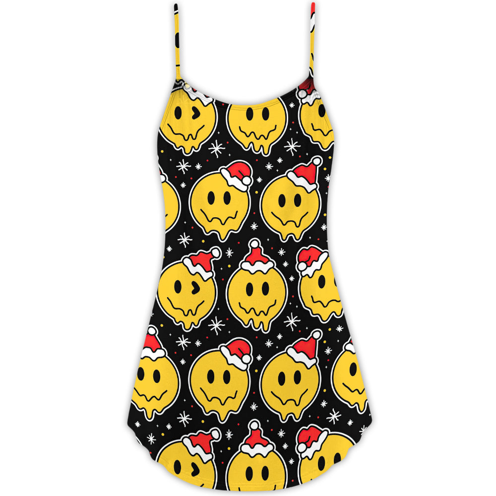Christmas Smiling Face Santa Hat V-Neck Sleeveless Cami Dress For Festive Events And Casual Summer Styling