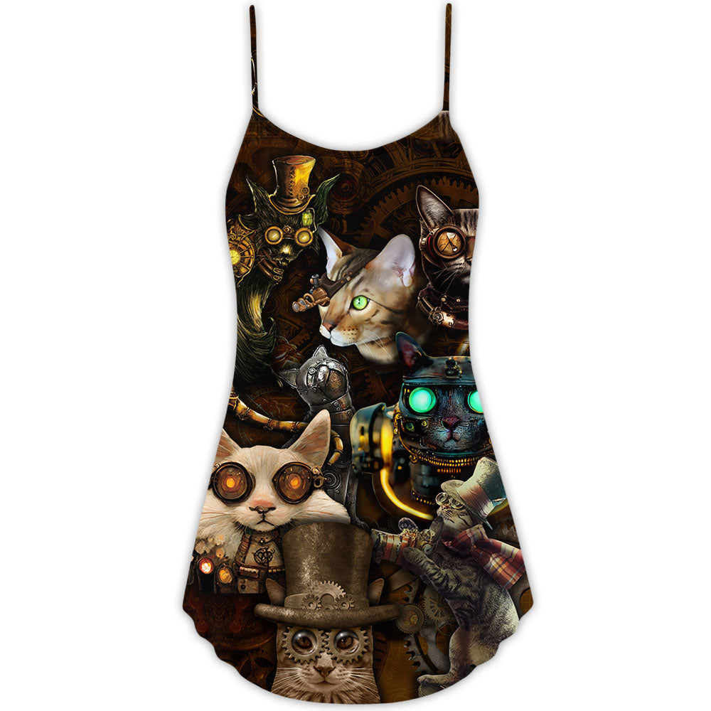 Steampunk Cat Heart Thief V-Neck Sleeveless Cami Dress For Festivals Travel And Relaxed Casual Summer Wear