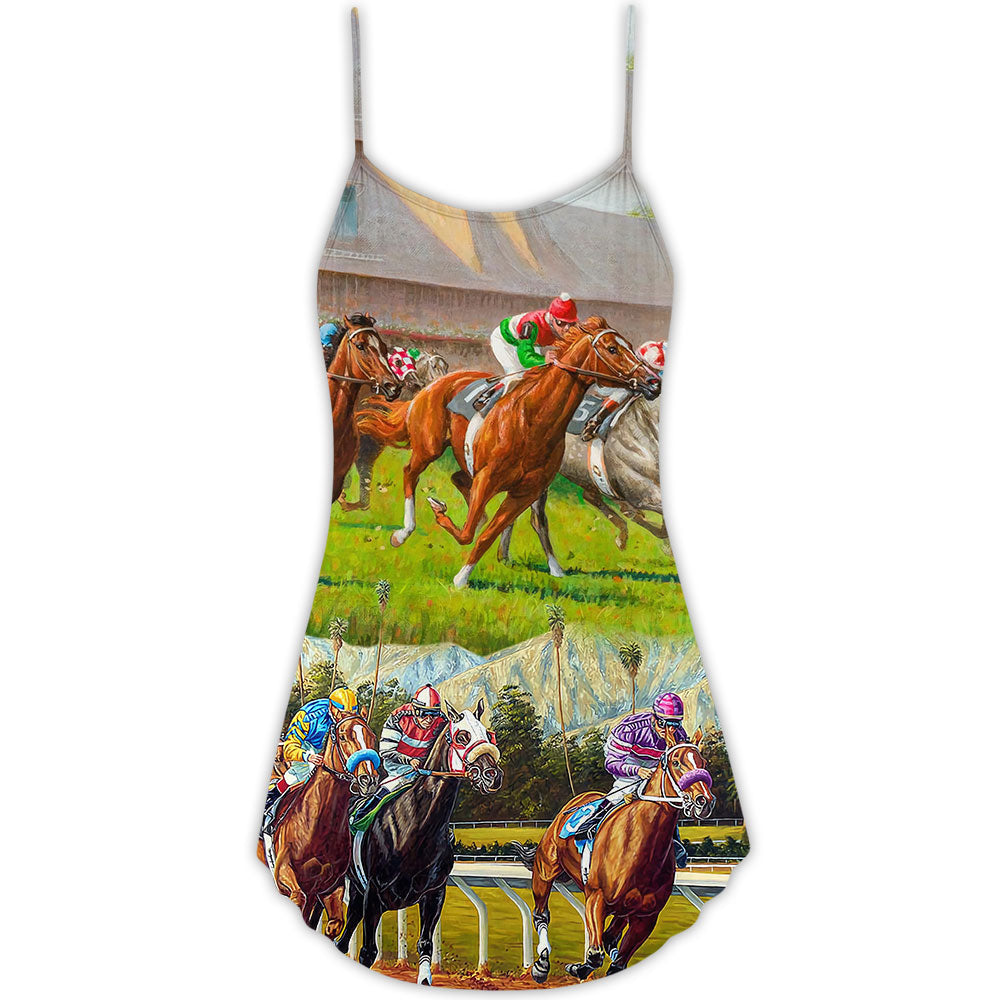 Horse Racing Don't Look Back V-Neck Sleeveless Cami Dress For Festivals Travel And Relaxed Casual Summer Wear