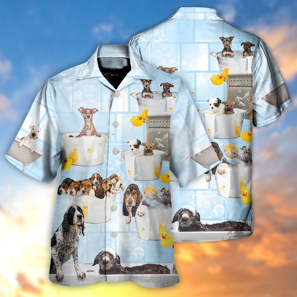 Dog Grooming Shower Bathroom Hawaiian Shirt Collar And Front View For Island Holidays
