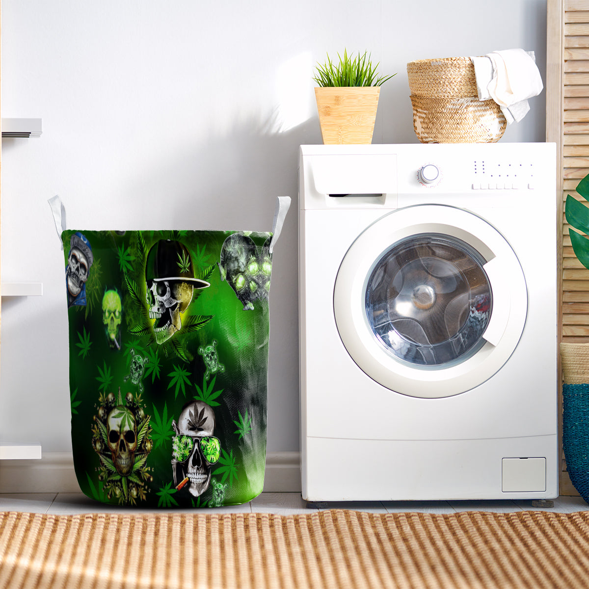 Green Skull Graphic Laundry Basket For Room Home Organizer