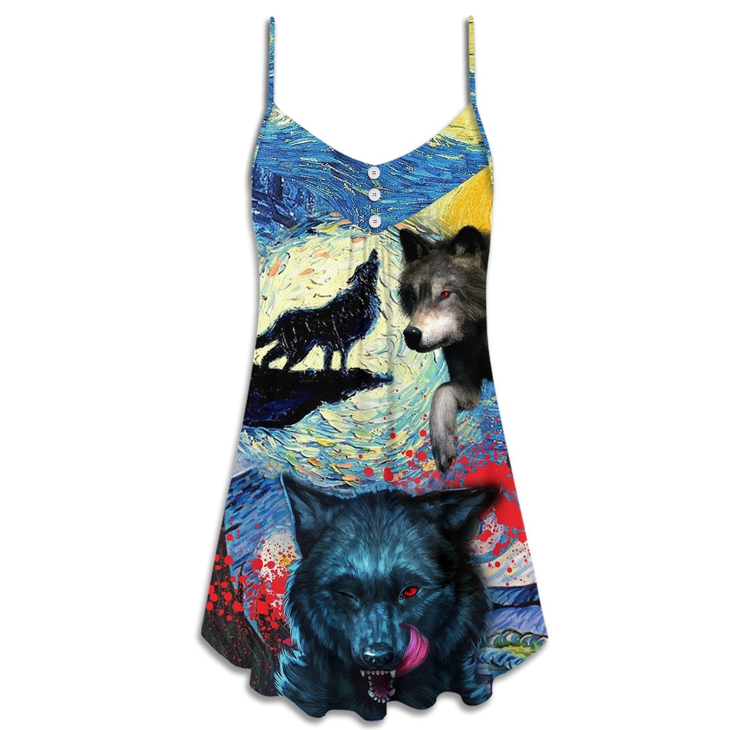 Halloween Black Wolf Starry Night Dark V-Neck Sleeveless Cami Dress For Vacations And Casual Warm Weather Wear