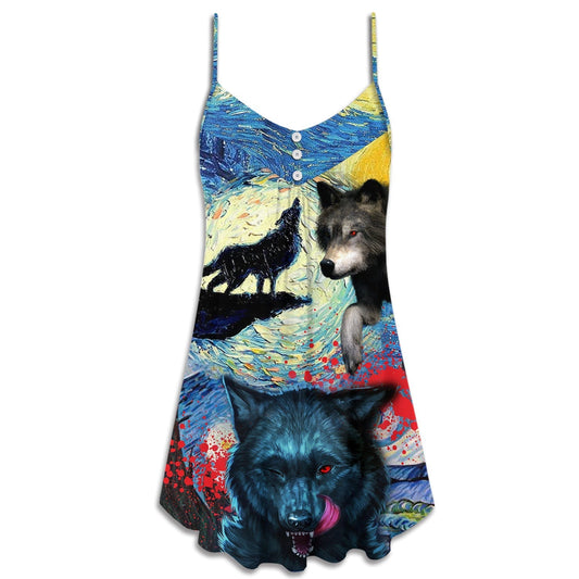 Halloween Black Wolf Starry Night Dark – Women's Summer Sleeveless V-Neck Camisole Dress