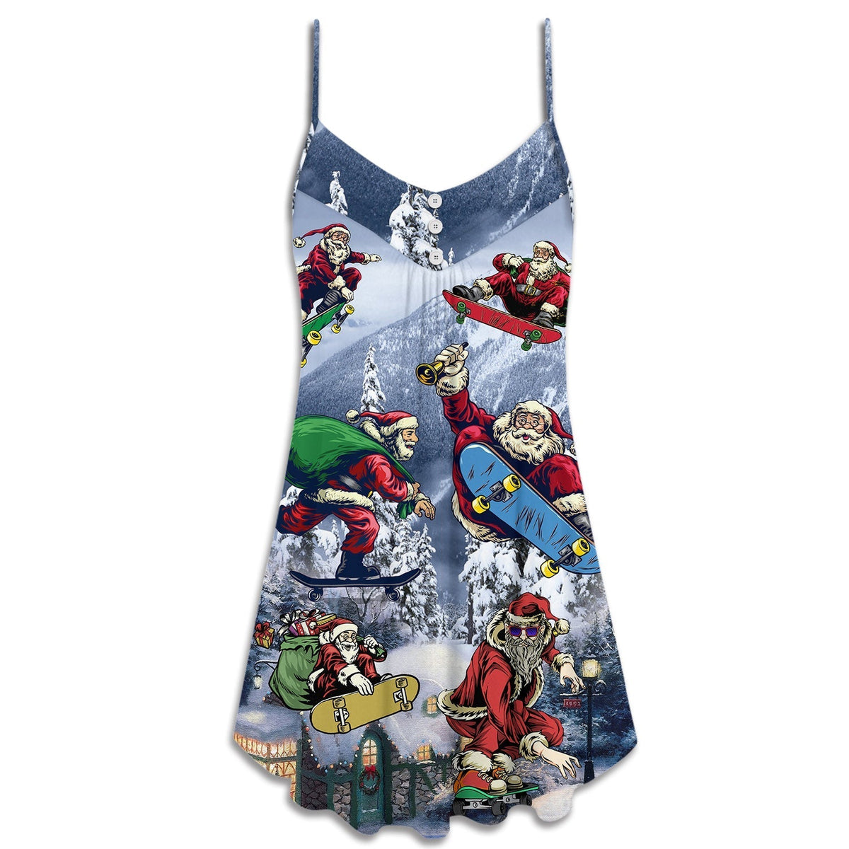 Christmas Santa Skateboarding Snow V-Neck Sleeveless Cami Dress For Festive Events And Casual Summer Styling