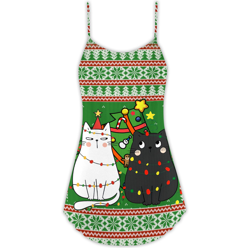 Christmas Meowy Cat Tree Fun V-Neck Sleeveless Cami Dress For Festive Events And Casual Summer Styling