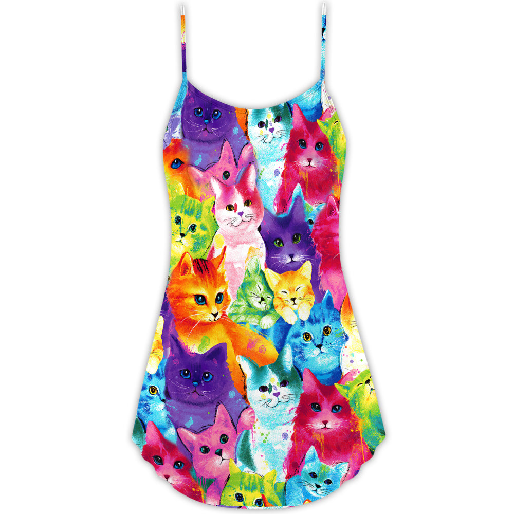 Colorful Cute Kitten Happy Life V-Neck Sleeveless Cami Dress For Summer Events And Comfortable Everyday Style