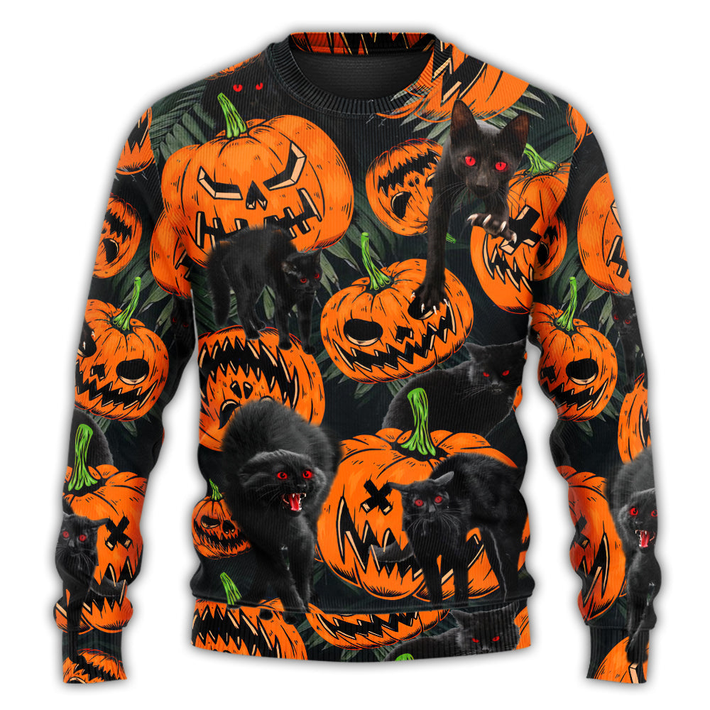 Halloween Black Cat Pumpkin Tropical Sweater For Art Fans Travel Parties And Distinctive Casual Style