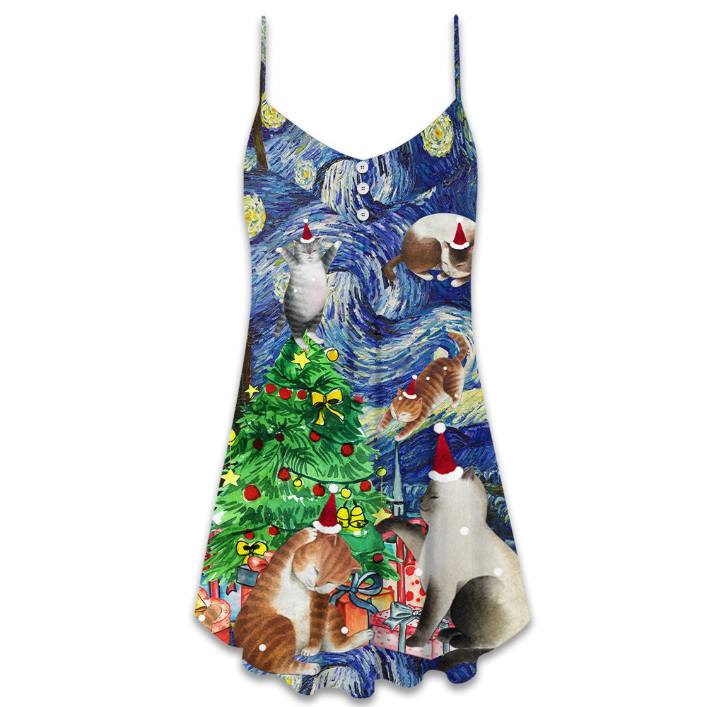 Christmas Cat Starry Night V-Neck Sleeveless Cami Dress For Festive Gatherings Travel And Casual Holiday Styling