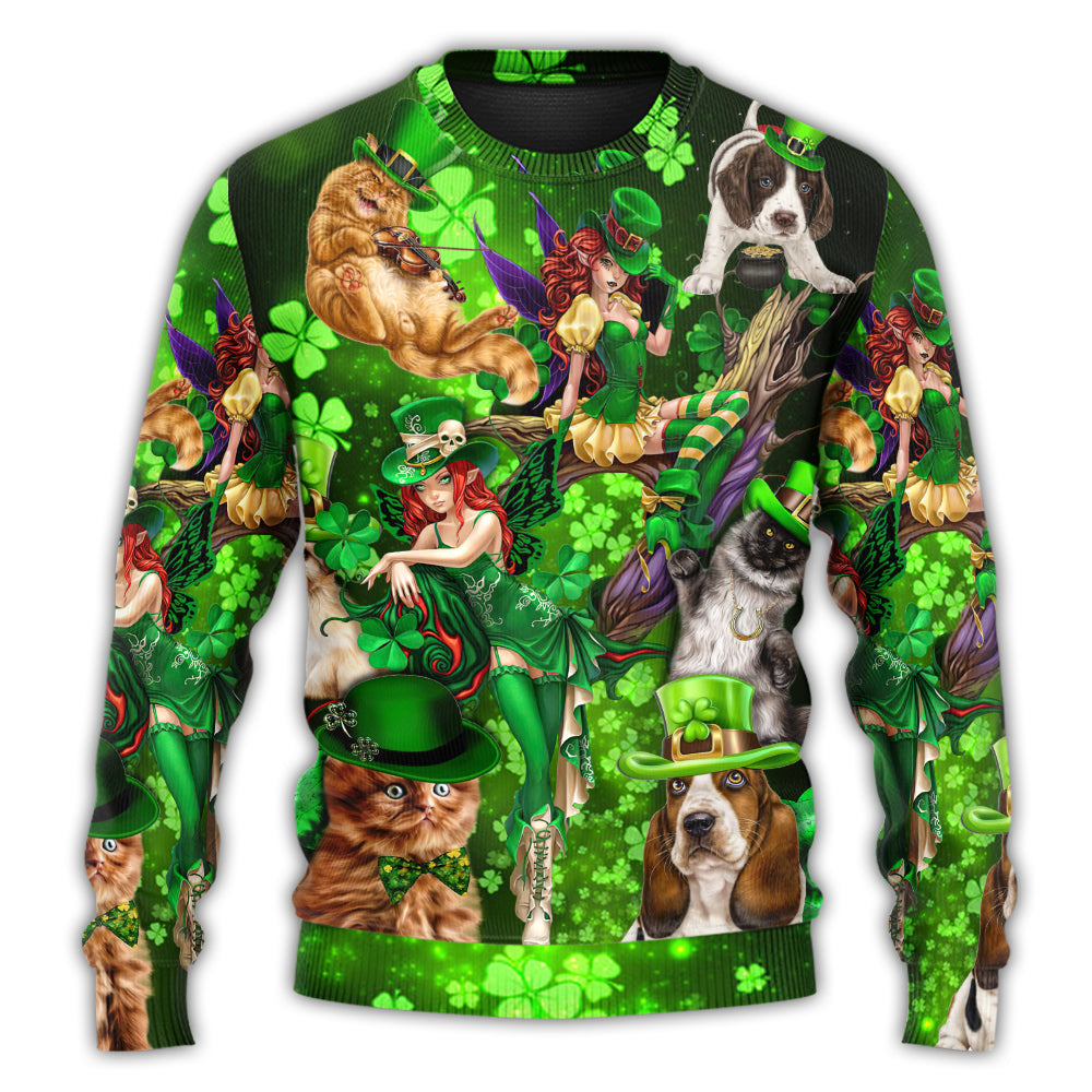 Irish Cat Girl St Patrick Green Light Sweater For Casual Styling Weekend Outings And Creative Gift Giving