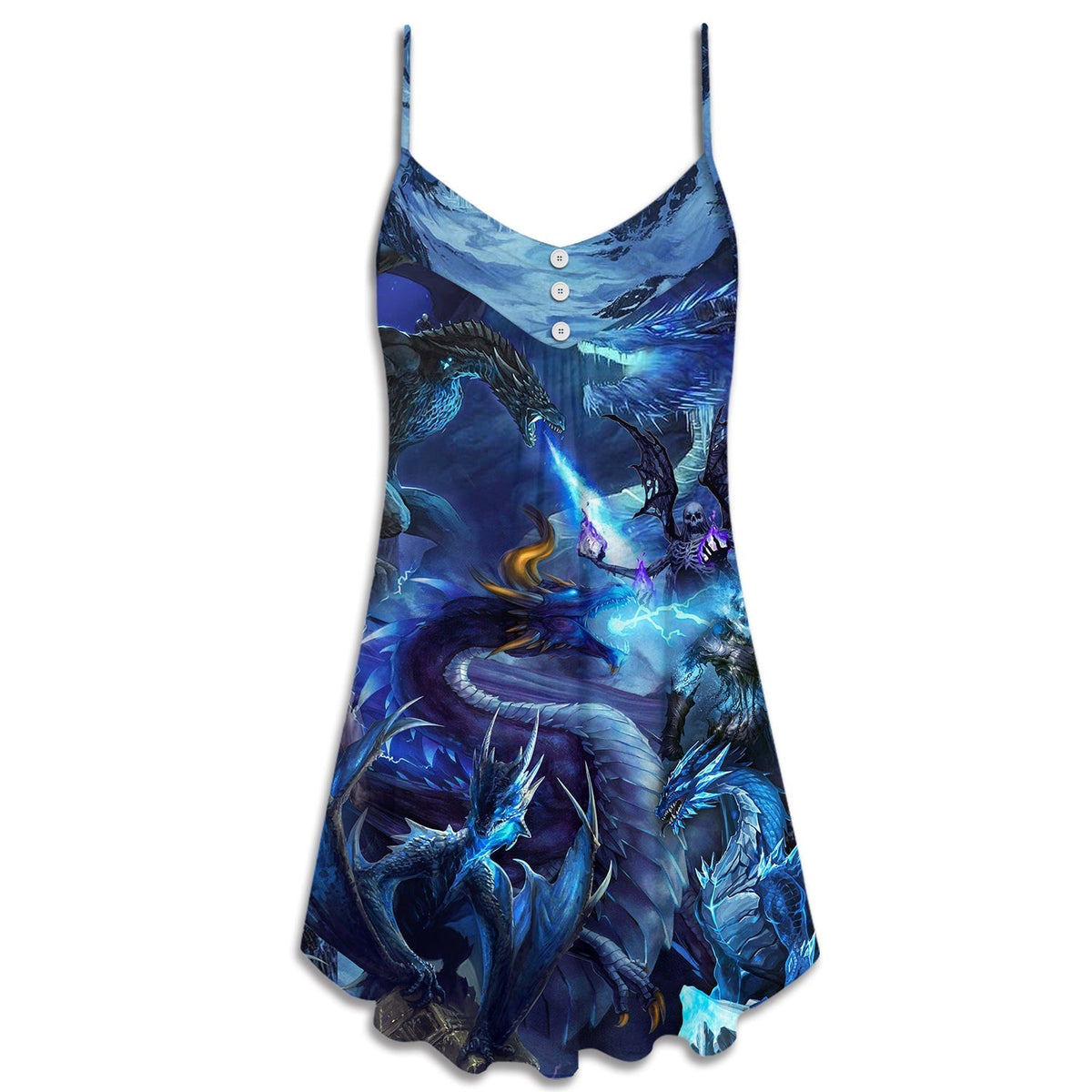 Blue Dragon Skull Fire Lightning V-Neck Sleeveless Cami Dress For Vacations And Casual Warm Weather Wear