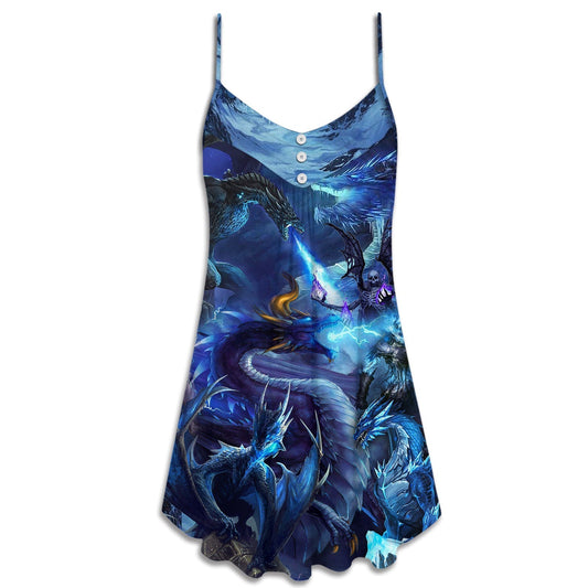 Blue Dragon Skull Fire Lightning – Women's Summer Sleeveless V-Neck Camisole Dress