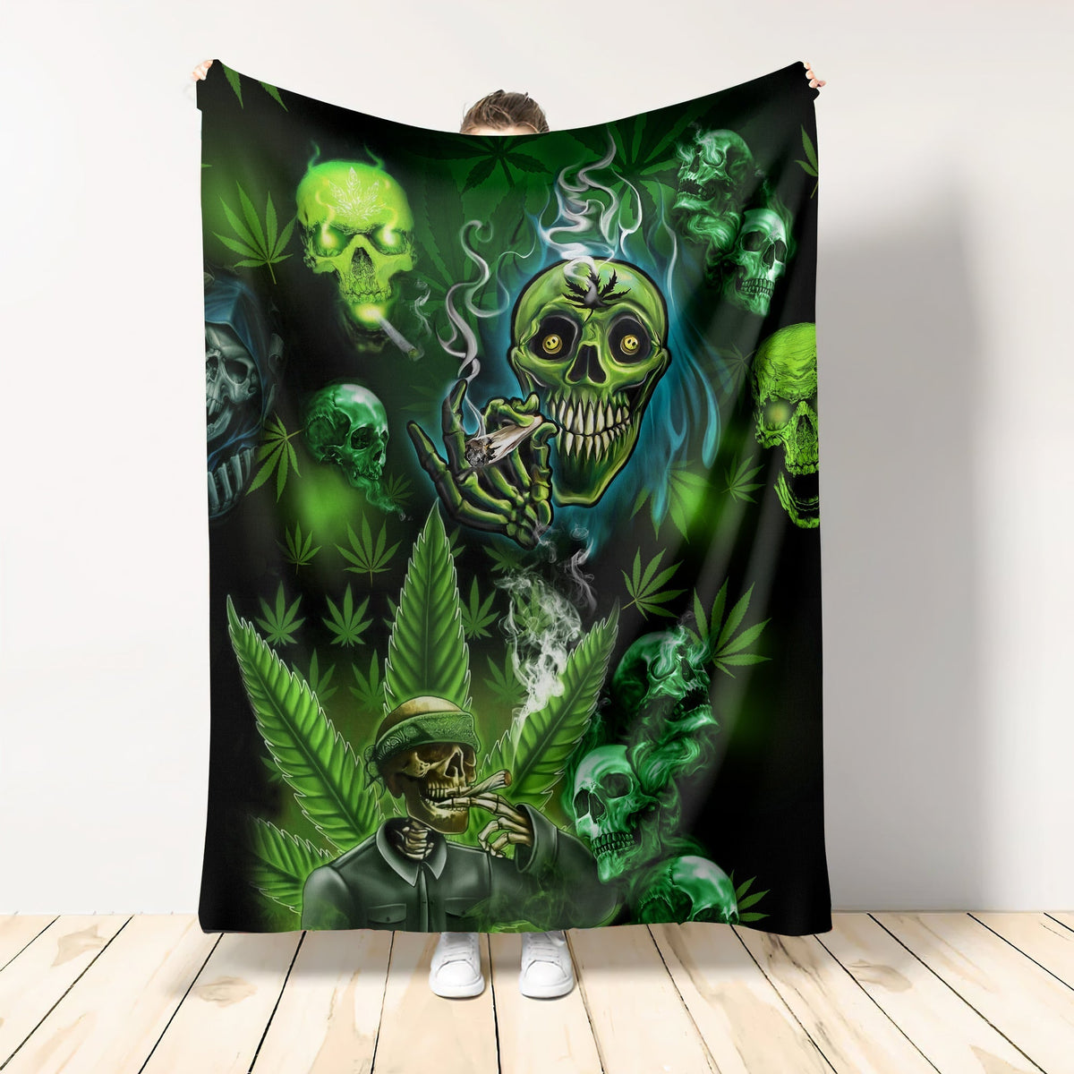 Green Skull Art Flannel Blanket For Cozy Bedroom Sofa Decor