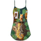 Cat And Tiger Tropical Leaves V-Neck Sleeveless Cami Dress For Vacations And Casual Warm Weather Wear