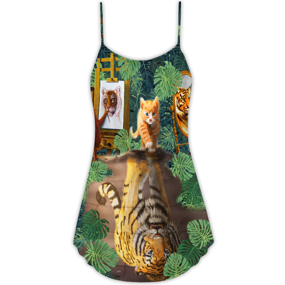 Cat And Tiger Tropical Leaves V-Neck Sleeveless Cami Dress For Vacations And Casual Warm Weather Wear